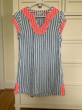 Boden Blue & Neon Pink Striped Sleeveless Tunic